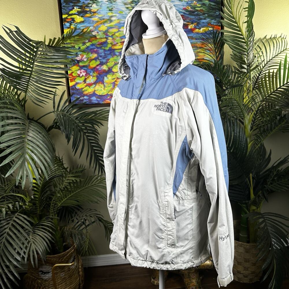 North Face Women M Nylon Hyvent Jacket Hood Blue Ivory
